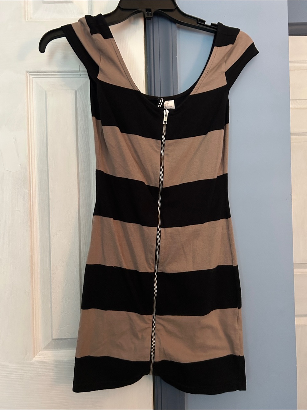 Divided Striped Zip-Front Mini Dress in Black and Taupe